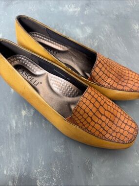Rasolli Vintage Mustard Leather Loafers with Brown Croc-Print Vamp